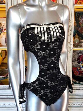 Vintage Betsey Johnson Monokini Bikini Black Bows Tuxedo Lace 1 Piece Swimsuit L